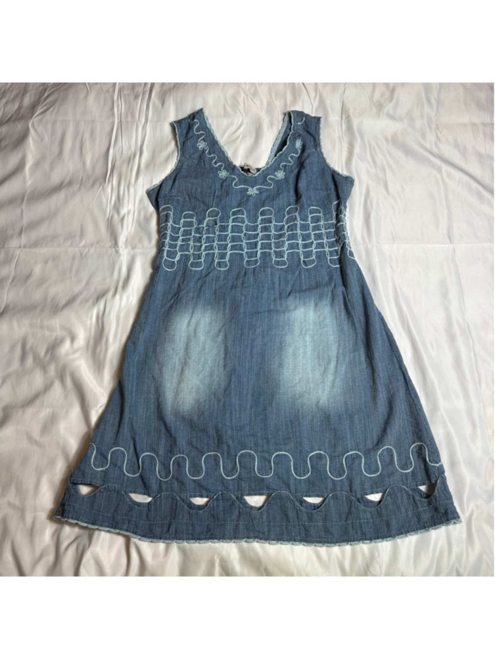 Women's Cotton Natural Denim Mini Dress XXL Blue Embroidered Sleeveless
